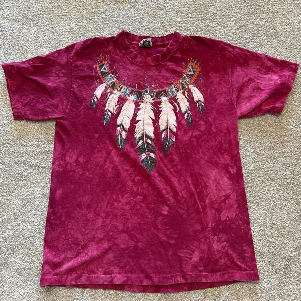 Vintage 90s Ragtops Tie Dye Native Feather Necklace T-Shirt Large Boho Tribal